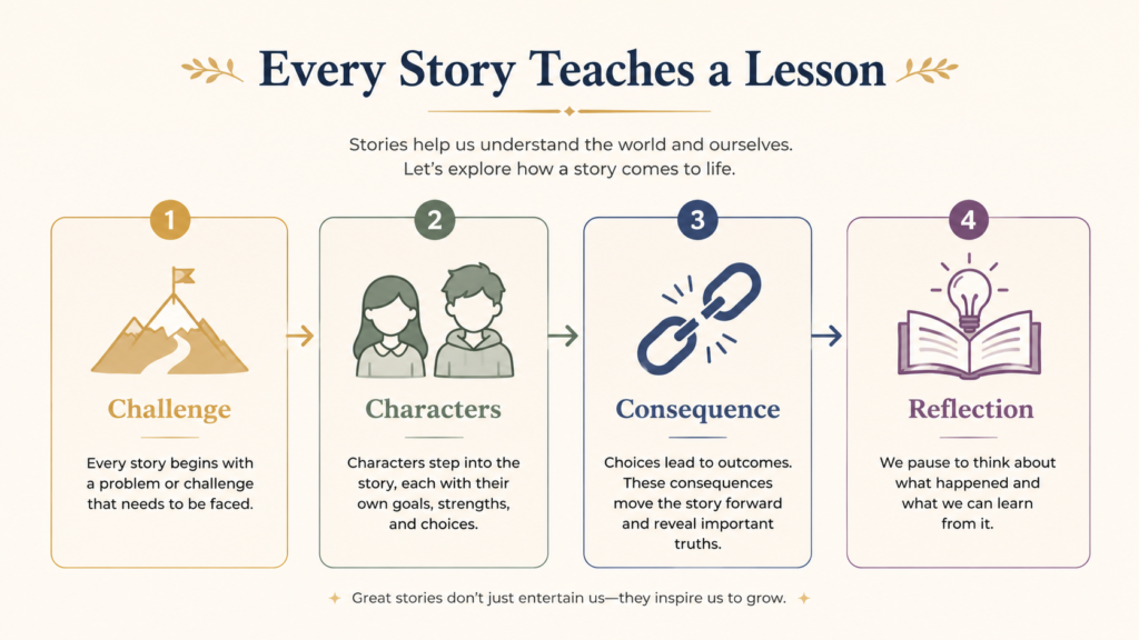 Four-step diagram showing how a moral story moves from challenge to characters to consequence to reader reflection