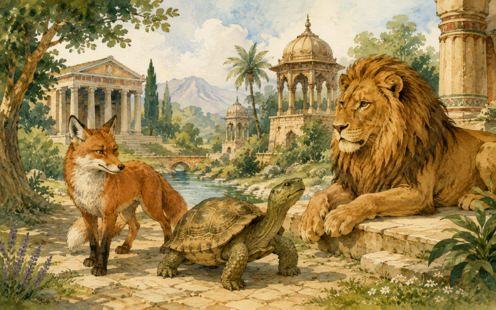 Illustrated fox, tortoise, and lion representing classic fable characters from Aesop and the Panchatantra