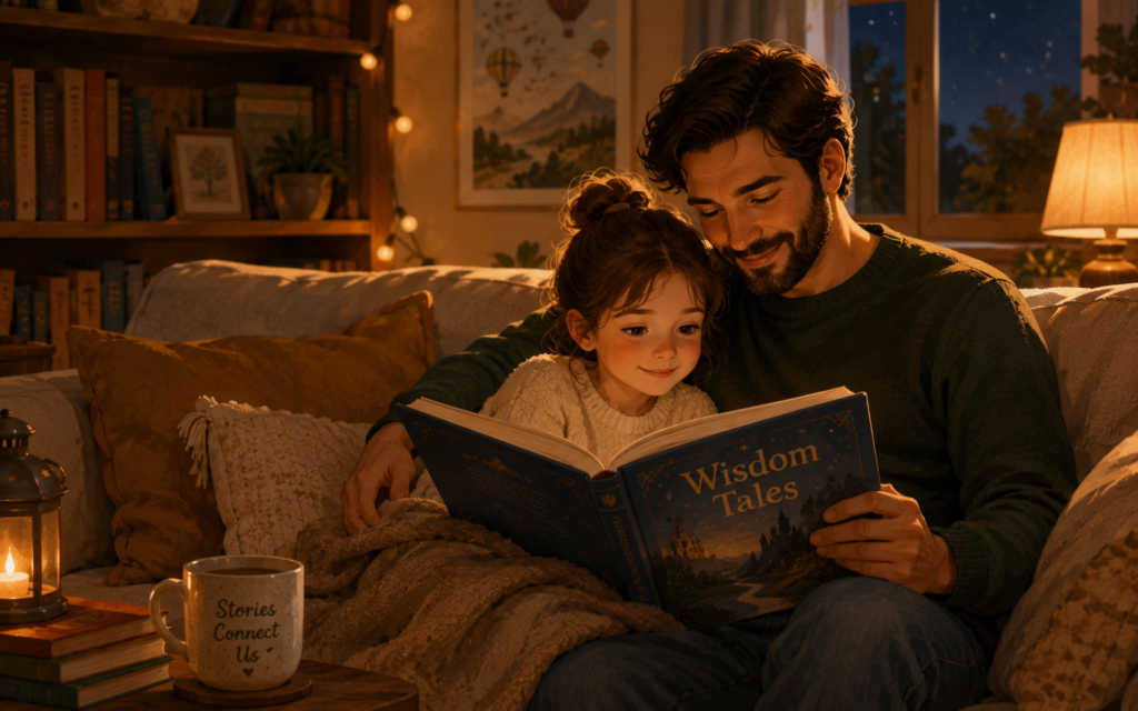 A parent and child reading a storybook together in a cozy, softly lit room