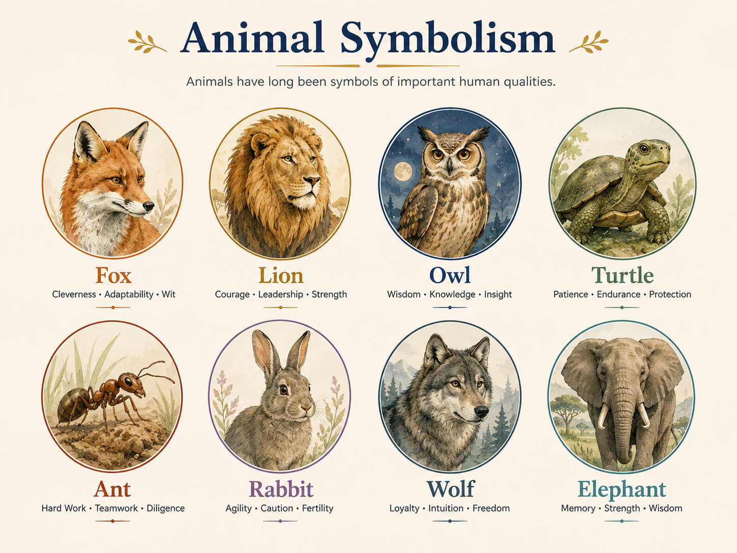 Grid of eight animal icons, each representing a symbolic human trait