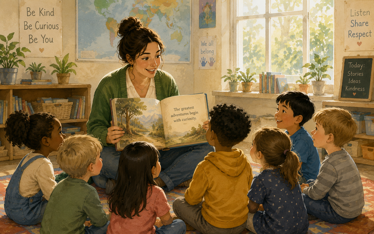 A teacher reading a story aloud to a group of attentive elementary school children